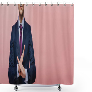 Personality  Cropped View Of Businessman Showing Refuse Gesture Isolated On Pink, Panoramic Shot Shower Curtains