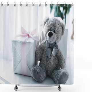 Personality  Selective Focus Of Teddy Bear With Gift Boxes On Table  Shower Curtains