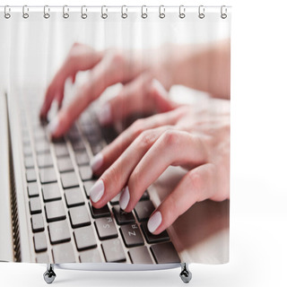 Personality  Close-up Of Typing Female Hands On Keyboard Of Computer Shower Curtains