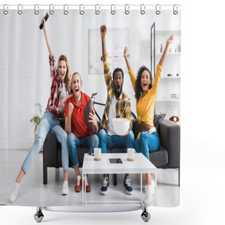 Personality  Happy Multicultural Friends Watching Sport Match And Having Fun Together Shower Curtains