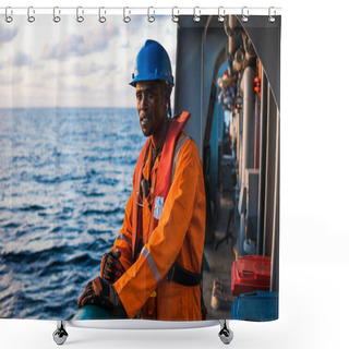 Personality  Seaman AB Or Bosun On Deck Of Vessel Or Ship , Wearing PPE Shower Curtains