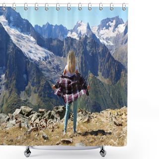Personality  Happy Woman Traveller Standing At The Top Of Mountain In Dombay Russia. Freedom Lifestyle.  Shower Curtains