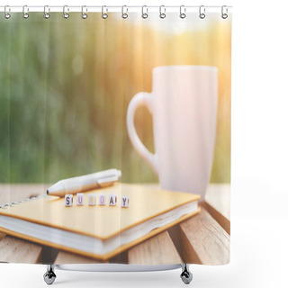 Personality  Sunday Written In Letter Beads And A Coffee Cup On Table Shower Curtains
