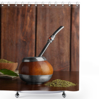 Personality  Calabash With Mate Tea And Bombilla On Wooden Table Shower Curtains