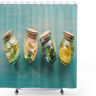 Personality  Top View Of Detox Drinks In Jars With Citrus Fruits On Blue Wooden Surface Shower Curtains