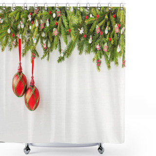 Personality  Christmas Background. Christmas Fir Tree With Decoration On White Wooden Board Background Shower Curtains