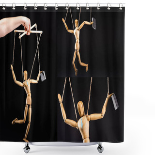 Personality  Cropped View Of Puppeteer And Wooden Marionette In Tie Isolated On Black, Collage Shower Curtains