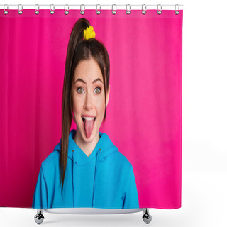 Personality  Portrait Of Cool Tail Hairstyle Young Lady Show Tongue Out Smile Look Camera Isolated On Pink Color Background Shower Curtains