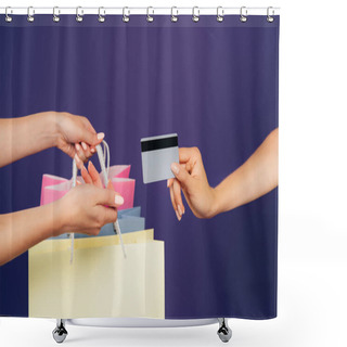 Personality  Cropped View Of Women Holding Shopping Bags And Credit Card Isolated On Purple Shower Curtains