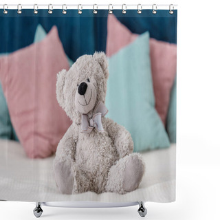 Personality  Close Up Horizontal View Of Teddy Bear Sitting On The Bed With Pillows On Background Shower Curtains