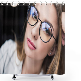 Personality  Close-up Portrait Of Beautiful Young Woman In Eyeglasses Looking At Camera Shower Curtains