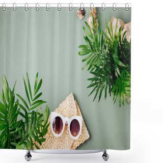 Personality  Tropical Leaves And Beach Bag With Sunglasses  On  Green  Background. Top View, Flat Lay. Shower Curtains