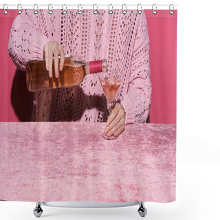 Personality  Cropped View Of Woman Pouring Rose Wine From Bottle Into Glass On Velour Cloth Isolated On Pink, Girlish Concept  Shower Curtains