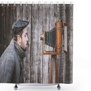 Personality  Concept - Selfie. Selfie Of Old Fashioned Man On Large Format Camera Shower Curtains