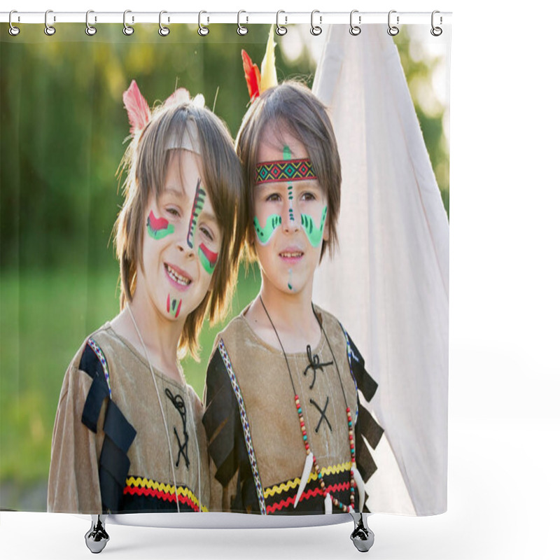 Personality  Cute portrait of native american boys with costumes, playing out shower curtains