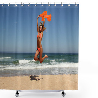 Personality  Beautiful Tanned Woman Jumping On Beach Shower Curtains