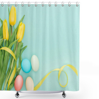 Personality  Top View Of Yellow Tulip Flowers With Ribbon And Easter Eggs Isolated On Blue With Copy Space Shower Curtains