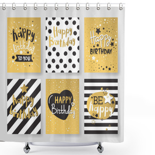Personality  Set Of Beautiful Birthday Invitation Cards Decorated With Colorful Balloons, Cakes And Cartoon Elephant. Shower Curtains