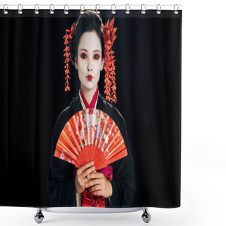 Personality  Beautiful Geisha In Black Kimono With Red Flowers In Hair Holding Traditional Hand Fan Isolated On Black Shower Curtains