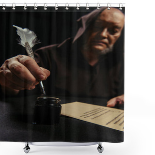Personality  Blurred Monk With Quill Pen Near Inkpot And Manuscript Isolated On Black Shower Curtains