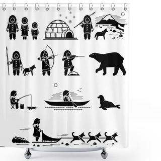 Personality  Eskimo People, Lifestyle, And Animals. Stick Figure Pictogram Depicts Eskimo Human, Igloo, Hunting, Fishing, Polar Bear, Husky Dog, Sled Dogs, Seal, And Canoe.  Shower Curtains