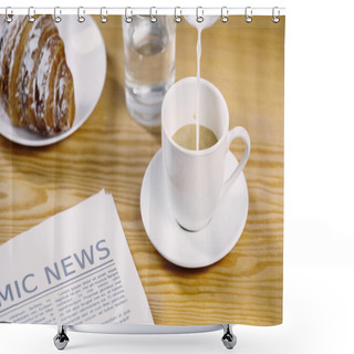 Personality  Milk Pouring Onto Cup Of Coffee Near Newspaper And Croissant  Shower Curtains