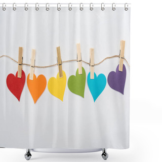 Personality  Rainbow Multicolored Paper Hearts On Rope Isolated On White, Lgbt Concept Shower Curtains