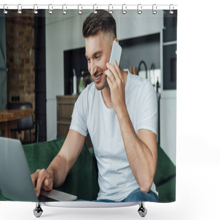 Personality  Selective Focus Of Smiling Teleworker Talking On Smartphone And Using Laptop At Home  Shower Curtains