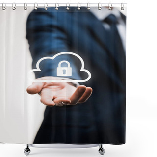 Personality  Cropped View Of Businessman In Suit With Outstretched Hand Near Cloud With Padlock On White  Shower Curtains