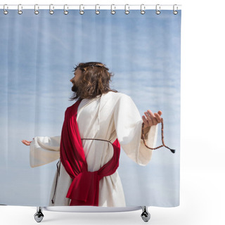Personality  Jesus In Robe, Red Sash And Crown Of Thorns Holding Rosary And Standing With Open Arms Against Blue Sky, Looking Away Shower Curtains