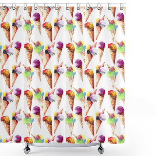 Personality  Beautiful Bright Delicious Tasty Chocolate Yummy Cute Summer Dessert Ice Cream  In A Waffle Horn Pattern Watercolor Hand Illustration Shower Curtains