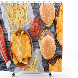 Personality  Top View Of Assorted Junk Food On Wooden Table   Shower Curtains