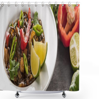 Personality  Close Up View Of Meat Thai Noodles Near Ingredients On Wooden Grey Surface, Panoramic Shot Shower Curtains