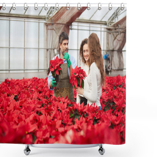 Personality  Young Women Choosing Poinsettia At Garden Store Shower Curtains