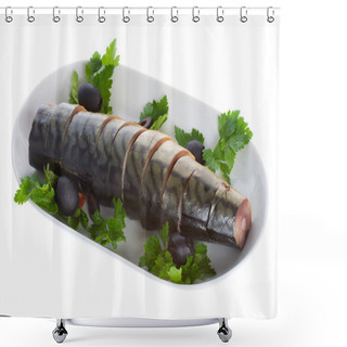 Personality  Mackerel With Olives On Plate Shower Curtains