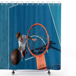 Personality  Top View Of Young Excited Man Throwing Ball Into Basketball Ring Shower Curtains