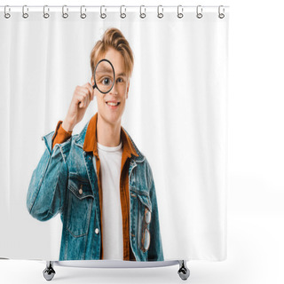 Personality  Happy Young Hipster Man In Denim Jacket Having Fun With Magnifier Isolated On White Shower Curtains