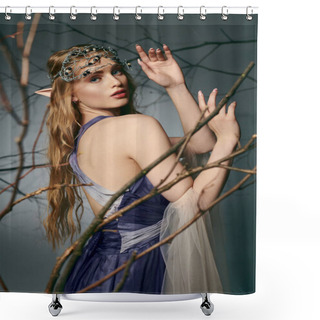 Personality  A Young Woman, Dressed In A Blue Gown, Wearing A Regal Crown On Her Head, Embodies The Essence Of A Fairy Tale Princess. Shower Curtains