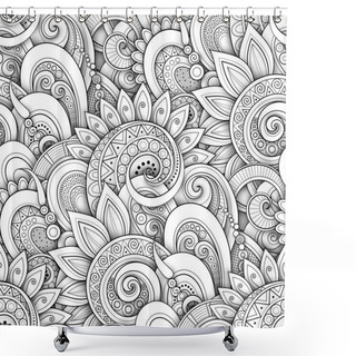 Personality  Monochrome Endless Texture With Flowers And Leaves In Doodle Line Style, Vector, Illustration Shower Curtains