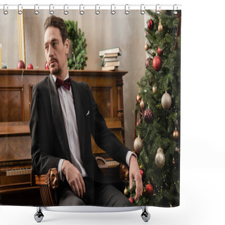 Personality  Elegant Gentleman In Formal Attire With Bow Tie Sitting Near Piano And Decorated Christmas Tree Shower Curtains