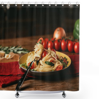 Personality  Traditional Italian Pasta With Tomatoes And Arugula In Plate With Fork Shower Curtains