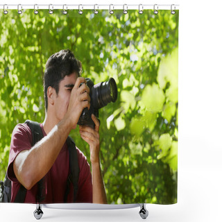 Personality  Young Male Photographer Hiking In Forest Shower Curtains