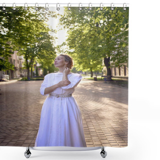 Personality  A Chic Middle Age Woman In A White Vintage Dress In A Sunlit Alley                       Shower Curtains