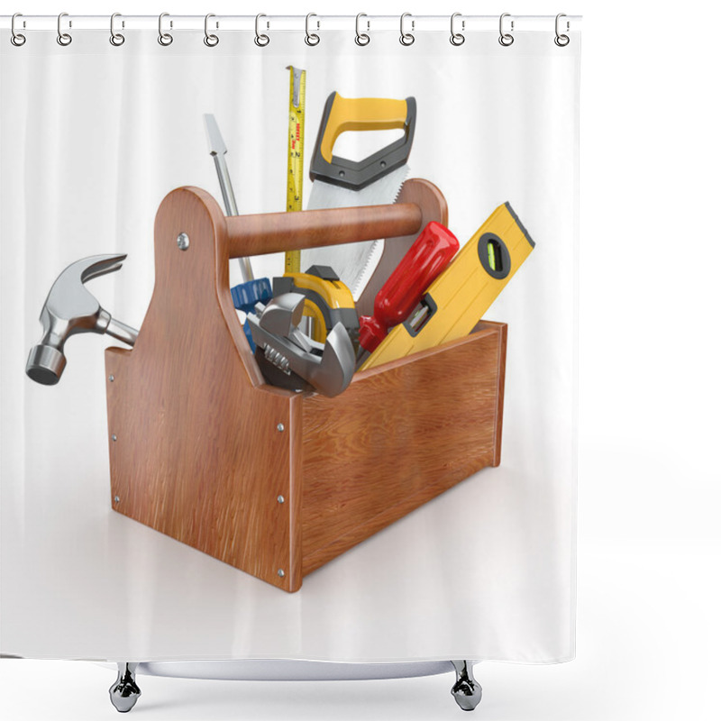 Personality  Toolbox with tools. Skrewdriver, hammer, handsaw and wrench shower curtains