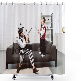 Personality  Father And Son In Pirate Costumes Playing At Home, Halloween Holiday Concept Shower Curtains
