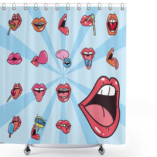 Personality  Pop Art Female Mouth Line And Fill Style Symbols Set Vector Design Shower Curtains