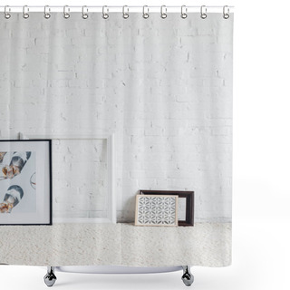 Personality  Pictures In Frames Leaning On White Brick Wall, Mockup Concept Shower Curtains