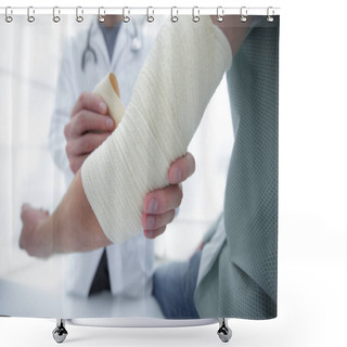 Personality  Orthopedist Applying Bandage Onto Patients Hand In Clinic Shower Curtains