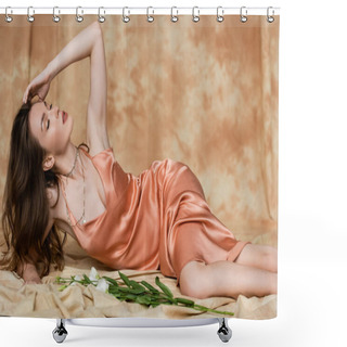 Personality  Seductive Young Woman With Brunette Hair Lying In Silk Slip Dress On Linen Fabric Near Delicate White Flowers On Mottled Beige Background, Sensuality, Sophistication, Elegance, Eustoma  Shower Curtains