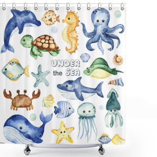 Personality  Underwater Creatures, Whale, Octopus, Shark, Crab, Dolphin, Sea Turtle, Fish. Watercolor Hand Drawn Clipart Shower Curtains